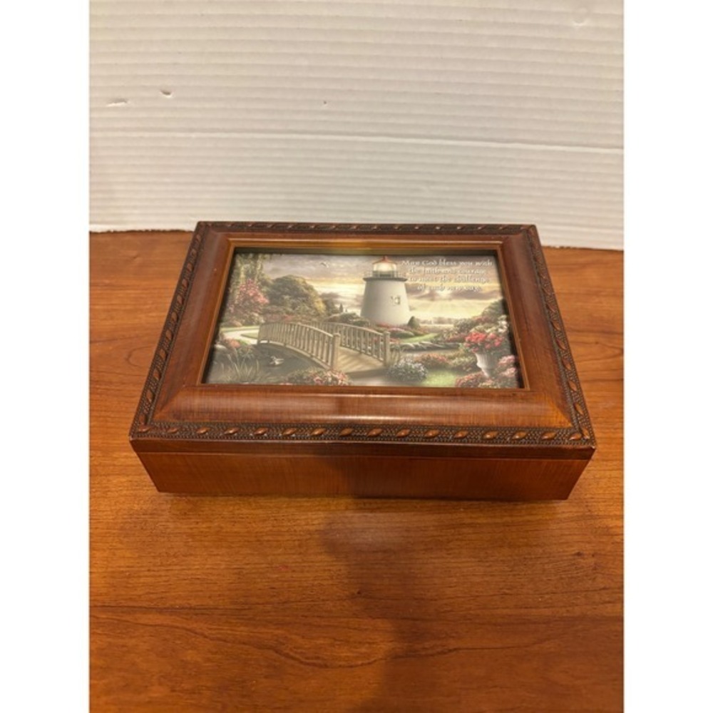 Cottage Garden Lighthouse Woodgrain Music Box Plays How Great Thou Art MB218S